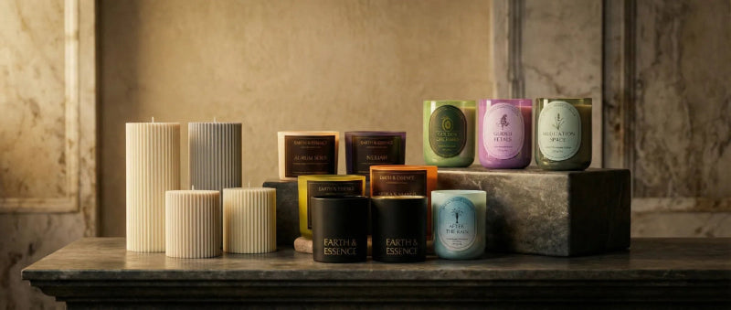 Collection of candles on a stone surface with a textured wall background