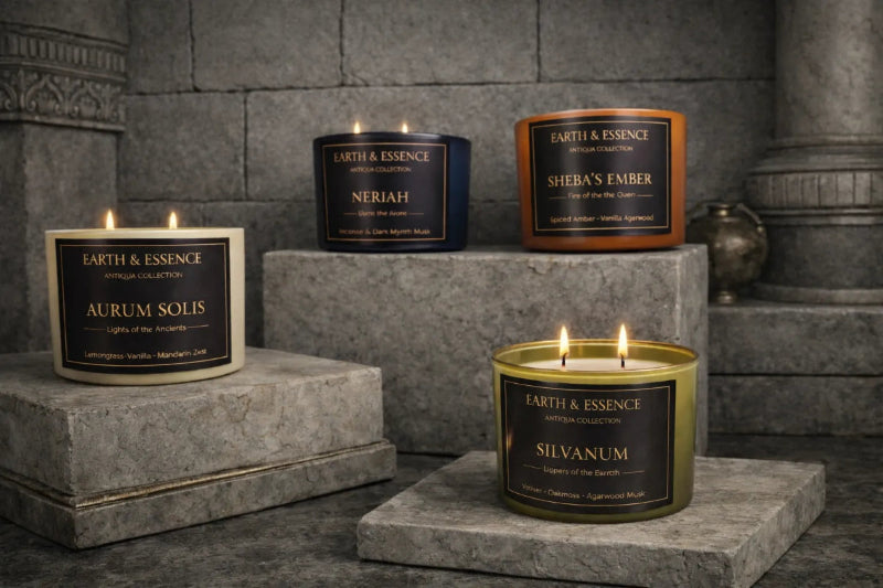 Four Earth & Essence candles on stone plinths with a stone wall background