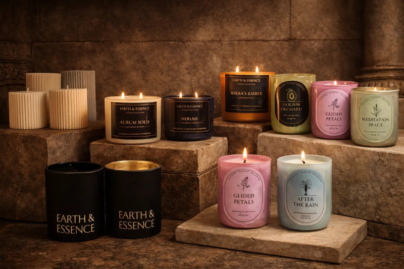 Collection of candles from Earth & Essence and other brands displayed on stone steps.