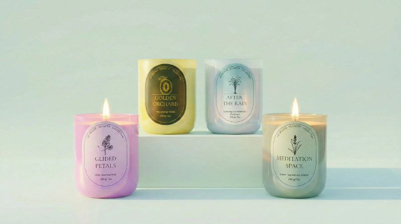 Four candles with labels on a light blue background